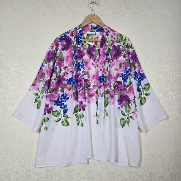 Susan Graver Cardigan Jacket Top sz L White Multicolor Floral Open Front Boho - Picture 12 of 12